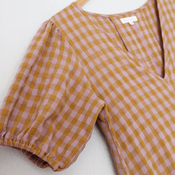 Reminiscence Gingham Plaid Seersucker Puff Short Sleeves Flared Dress Mini Tan - Picture 8 of 13